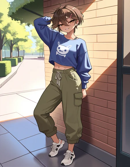 masterpiece, best quality, very aesthetic, absurdres,
outdoors, casual, 
full body, standing, posing, 
 seductive smile, parted lips, long eyelashes,
<lora:Sasha_v01_NAIXL:1>
S4sh4,1girl,solo,tomboy,short hair,brown hair,hairclip,hair between eyes,brown hair,bangs,