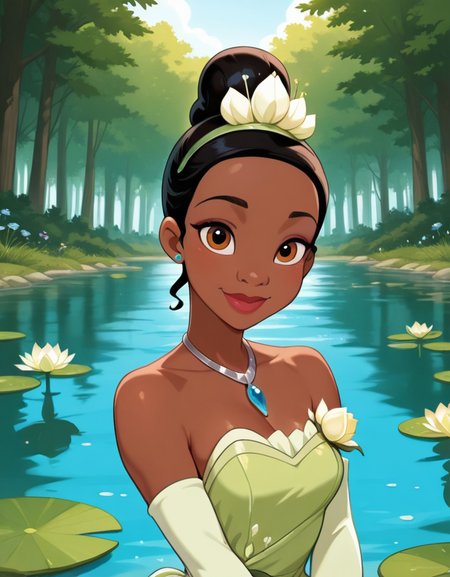 masterpiece, best quality, amazing quality,  very aesthetic, absurdres,  newest, detailed background, 4k, 8k, outdoors, official style, looking at viewer, pond, forest, flowers, lilypad,
tianaxd, 1girl, dress, solo, dark skin, dark-skinned female, gloves, brown eyes, jewelry, elbow gloves, necklace, flower, earrings, green dress, bare shoulders, smile, strapless, very dark skin, single hair bun,  black hair,
<lora:Tiana_-_Disney_Illustrious:1>