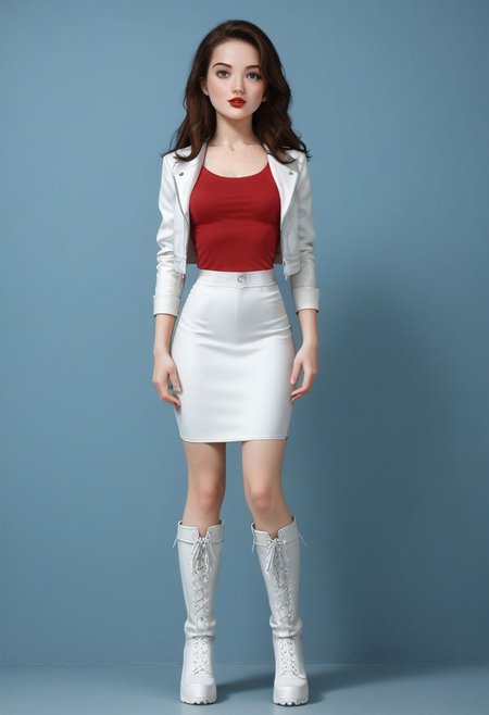 Expressiveh, red lipstick, long pony tail,  (brunette 1.2), super long hair, Open white sports jacket,
Red blouse top, white leather high waist long pencil skirt, below knee skirt, 
very high platforms boots, 9 inch heels,
small breasts, cute, adorable, innocent, petite, thin, Katie, highly detailed, perfect skin, freckles, playful look, standing facing camera, full body image,