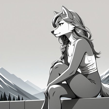 score_9, score_8_up, score_7_up, score_6_up, wlineartstyle, female Anthro wolf, White Cheeks, gray fur, green eyes, beautiful eyes, wolf tail, Gray Long Hair, Swept Bangs, Gray Twinbraids, sitting on a rooftop, golden hour, windy, ArsMJStyle,  Minimalism
Sketch
Greyscale
Stylized
Neg, grey background