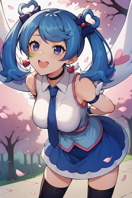 score_9,score_8_up,score_7_up,score_6_up,score_5_up,score_4_up, source_anime, aaangel, twintails, blue hair, hair bow, blue bow, blue eyes, facial mark, heart earrings, wings, heart, choker, blue necktie, sleeveless shirt, white shirt, arm strap, blue skirt, black thighhighs, <lora:blue_angel_XL_v1:0.8>, arms behind back, smile, open mouth, standing, cowboy shot, bent over, leaning forward, outdoors, cherry blossoms,