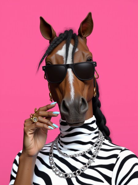 w1z_an1m4, a close-up of a stylish thoroughbred horse posing against a pink background. It is wearing a white and black zebra-striped turtleneck top, paired with a thick silver chain necklace. Its mane styled in braids, adding texture and edge to their look. It is holding black sunglasses just below its eyes, giving the pose a confident, playful vibe. Horse person also wears gold hoop earrings, several gold rings, and has nails painted in a light blue shade with minimal nail art. The lighting is soft and even, emphasizing the vibrant colors and patterns in the outfit. The image is styled in a modern, streetwear-inspired fashion editorial manner.