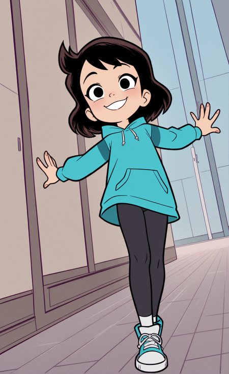 IllusP0s, perfect, best quality, high quality, masterpiece, beautiful background, ((sfw)), 1girl, solo, solo focus, Moongirl style, dynamic angle, cute clothes, (cute), good hands, smiling, (bright)  <lora:Moongirl__Devil_Dinosaur_Stye:1>