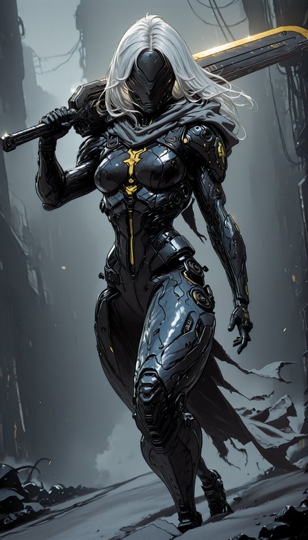 An4chr0t3ch,, covered eyes, headgear,,    holding weapon, fighting stance, holding  buster sword,huge weapon,, WCG-Illu,, kaarea masterpiece, best quality, high quality, ultra-detailed, realistic,  traditional media, vivid_color, high contrast, speed lines, move_effects, action Create a detailed digital artwork of a futuristic armored figure standing in a desolate, industrial setting. The figure is clad in sleek, dark metallic armor with a cross emblem on the chest and a flowing cape that billows behind them. The armor is adorned with various mechanical components, and the figure wields a long, sharp weapon with a metallic sheen. The background is a muted gray, with a structure that appears to be part of a larger industrial facility, and there are yellow and black stripes on the ground. The overall color palette is dominated by shades of gray, black, and silver, with splashes of white and yellow. The style of the artwork leans towards a cyberpunk or dystopian theme, with the figure exuding a sense of readiness and vigilance. 1girl, solo, long_hair, breasts, holding, full_body, white_hair, weapon, sword, holding_weapon, armor, mask, bodysuit, holding_sword, science_fiction, walking, over_shoulder, cyborg, weapon_over_shoulder, cyberpunk, An4chr0t3ch,, covered eyes, headgear,,    holding weapon, fighting stance, holding  buster sword,huge weapon,, WCG-Illu,, kaarea