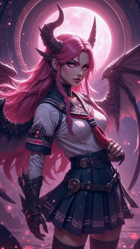 a professional photo shot of a breathtakingly beautiful caucasian woman, 25 yo, long pink hair with a herringbone braid, large demon wings, ((no demon horns)), (japanese school girl uniform), pale skin, diamond shaped face, She has a glamour and slender body with narrow hips, magical circles  as background, magical lights, light particles, dungeon, <lora:Dever_Flux_Enhancer:0.47>  <lora:breast-size4:-1.65> <lora:Hand v2:1> Perfect hand <lora:pose_dev_f1:0.75> <lora:sameface2:-0.2> <lora:Anime v1.3:1.2> anime style <lora:Neon_Cyberpunk_Papercut_1_FLUX:1> mad-pprct1