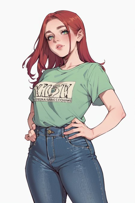 <lora:RealMix25:1>, score_9, score_8_up, score_7_up, score_6_up, score_5_up, rating_questionable, source cartoon
1girl, pretty face, pretty eyes, detailed eyes, HD eyes, thick thighs
hands on hips, standing, cowboy shot
looking at viewer, blush, eyebrows, long hair, red hair, green eyes jeans, green t-shirt, boots, high waisted jeans
simple background, white background