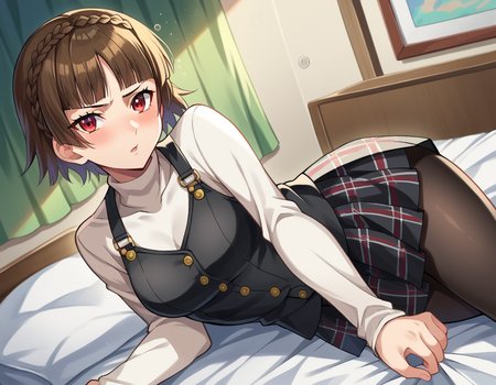 score_9, score_8_up, score_7_up, source_anime,
makotonijima, <lora:makoto-nijima-ponyxl-lora-nochekaiser:1>
makoto nijima, blunt bangs, braid, brown hair, crown braid, red eyes, short hair,
black pantyhose, black skirt, black vest, bow, checkered clothes, checkered skirt, long sleeves, miniskirt, pantyhose, plaid, plaid skirt, pleated, pleated skirt, red bow, school uniform, shirt, shuujin academy school uniform, skirt, sweater, sweater vest, turtleneck, turtleneck sweater, vest, white shirt, white sweater,
indoors, bed, bed room, on side, blush, drunk,
looking at viewer, cowboy shot, dutch angle,
