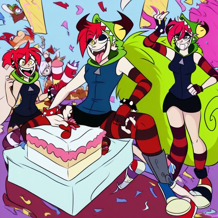 birthday party, cake, demencia, red hair, green ponytail, striped thighhighs, single striped sock, anklet, green monster hood, yellow eyes, sharp teeth, dark blue hoodie, single striped sleeve, red sneaker, blue sneaker, black skirt, smile, eyeshadow, spiked bracelet, zipper pull tab, torn pantyhose, glove, tongue out