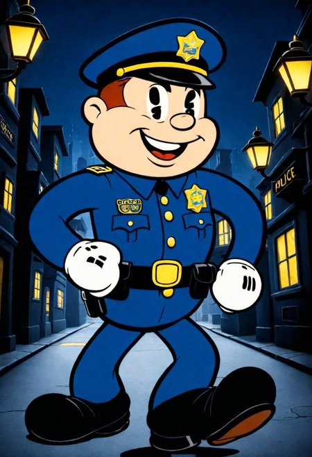 (rubber_hose_character:1.1) <lora:RubberHose_Characters_SDXL_v1:1.3>, cartoon, a police officer walking down a dark city street.
