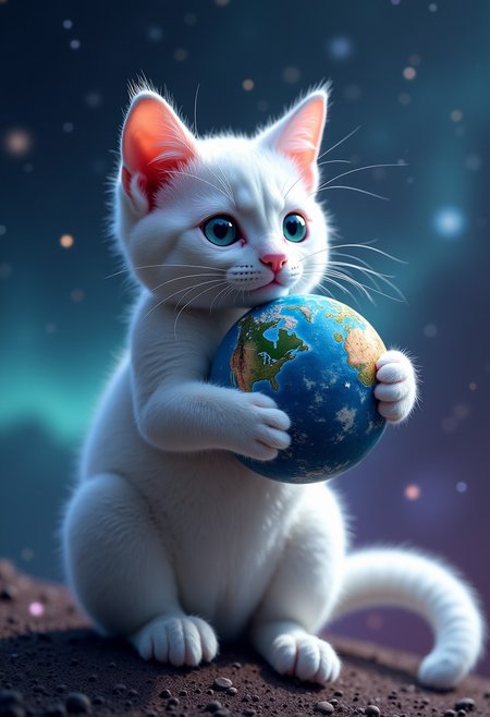 Masterpiece, 4k, 8k, concept art, high quality, highly detailed, a photorealistic white cat on its back, holding a tiny planet earth as if it were a toy ball, highly detailed eyes, cosmos background, stars, nebulae, fantastic lighting, nebulae in background, aurora borealis lights,