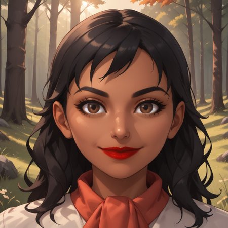 score_9, score_8, BREAK, solo, Cristina_WSC, black hair, brown eyes, dark skin, red lips, dark skin female, sexy pose, self portrait, smile, outdoors, sunlight, shadows, evening lighting, natural lighting, forest, trees, grass, orange sky, sunset