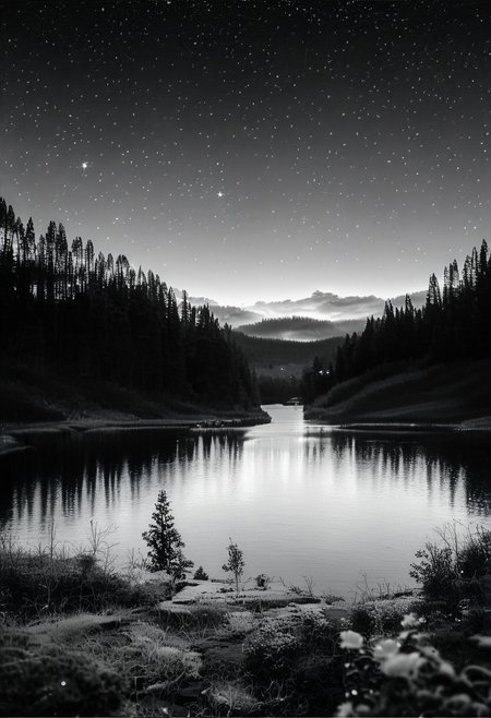 (real life,  score_7_up, score_8_up, score_9_up, detailed beautiful landscape, bloom, volumetric lighting,  grayscale, no colors, forest, winter, valley, big mountain, clear sky, stars, focus on sky, night, silhouette, river, depth of field,