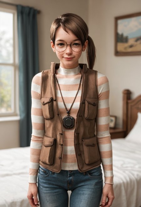score_9, score_8_up, score_7_up, Penny Nichols, 1girl, solo, brown hair, ponytail, freckles, glasses, striped turtelneck, long sleeves, messy bedroom, digital stopwatch necklace, depth of field, small breasts, highly detailed, film grain, Rim Lighting, detailed hair,american shot,window,standing,utility vest, jeans, smile, looking at viewer, <lora:Penny_Nichols-000004:1>