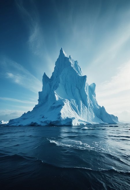 A massive iceberg floating majestically in the Arctic Ocean, hyper-realistic, beautifully detailed, reflective ice surfaces, vivid blue tones, dramatic lighting, atmospheric effects, cinematic composition, by Maxfield Parrish, 8k resolution, serene yet imposing atmosphere.
