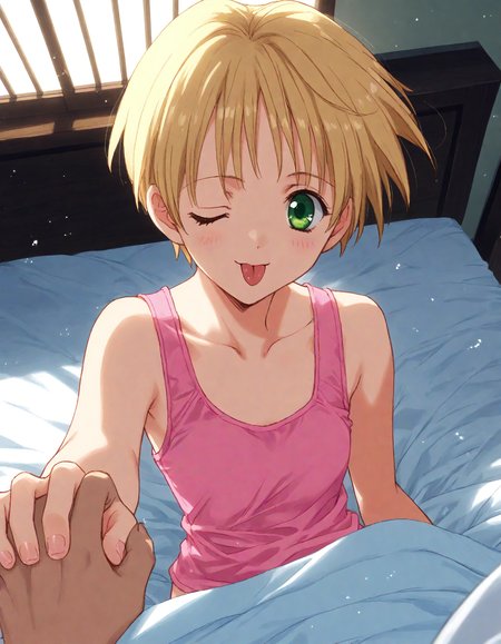 score_9, score_8_up, score_7_up, masterpiece, best quality, absurdres, official art, official style, (anime coloring, anime screencap, megami magazine, flat color:1.3), zPDXL2, zPDXLxxx,
<lora:Nanase_Aoi_Style_Pony_v1:1.0>, 1girl, solo focus, Nanase_Aoi_Style
bedroom, on bed, bed sheet, dim lighting, light particles, (from above:1.3), looking at viewer, dutch angle, 
, blonde hair, very short hair, bed, short hair, one eye closed, bedroom, ;p, tongue out, pink tank top, indoors, pov hands, arm support, green eyes, tank top, tongue, under covers, pov, sitting