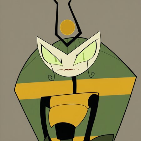 score_9, score_8_up, score_7_up, score_6_up, score_5_up, score_4_up, source_cartoon, cartoon, didgital art BREAK solo, 1girl, mature female, looking at viewer, eye contact, upper body, vexus, green eyes, robot, humanoid, antennae, stripped, show accurate, :3