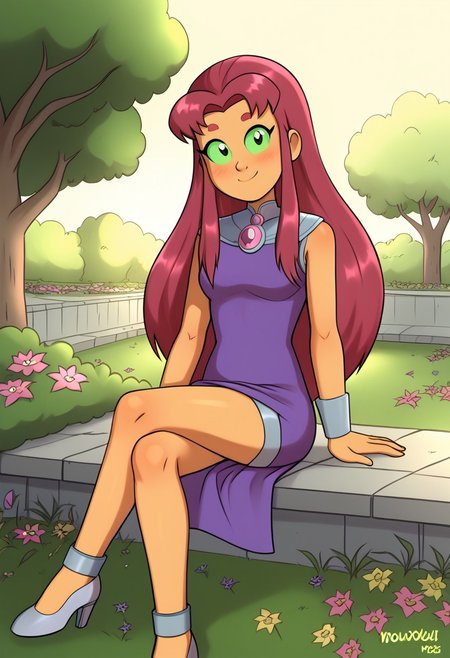 ((Nocunoct)), (starfire from dc, coloured sclera), In a lush, verdant garden, a young woman sits on a stone bench, her legs crossed, surrounded by vibrant flowers and the gentle rustling of leaves. Her dress, a delicate fabric, flows gracefully, revealing only a hint of her form