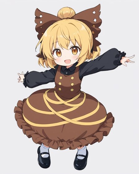 kurodani yamame,1girl, solo, brown_dress, white_background, long_sleeves, open_mouth, full_body, simple_background, black_footwear, hair_bow, shoes, twitter_username, looking_at_viewer, one-hour_drawing_challenge, white_socks, black_bow, black_shirt, buttons, :d, upper_teeth_only, ribbon
<lora:kurodani_yamame_image2914_2023-12-17-000008:1>,star-shaped_pupils,symbol-shaped_pupils,. gorgeous,key visual, vibrant, studio anime,award-winning, professional, highly detailed,high budget, cinemascope