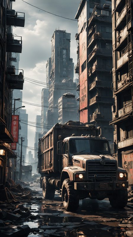 extremely detailed, there is a truck that is driving through a city with buildings, digital concept art of dystopian, post - apocalyptic city, dystopian scifi apocalypse, photorealistic dark concept art, post apocalyptic city, post apocalyptic scene, apocalyptic city, highly realistic concept art, post apocalyptic atmosphere, post apocalyptic tokyo, post apocalyptic wasteland, post - apocalyptic wasteland, post - apocalyptic city streets, unreal engine 5, perfect composition, vibrant, rtx, hbao, sharp,