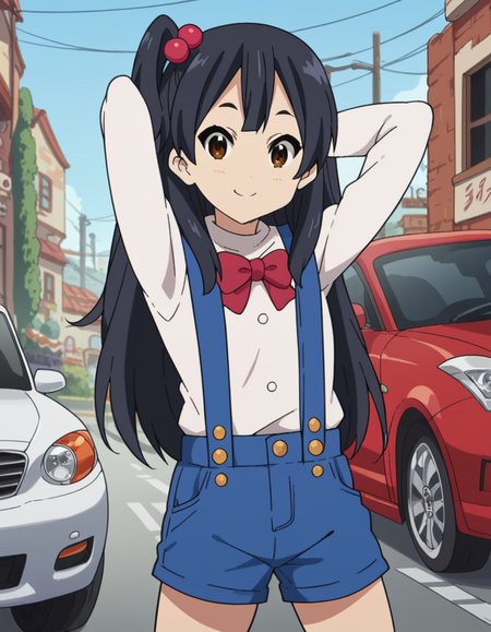 score_9, score_8_up, score_7_up, source_anime, <lora:anko-kitashirakawa-s1-ponyxl-lora-nochekaiser:1>, anko kitashirakawa, long hair, black hair, hair ornament, brown eyes, one side up, hair bobbles,, suspenders, shirt, white shirt, bowtie, red bowtie, buttons, shorts, blue shorts,, garage, car, tools, mechanic, repair, smile, hands behind head,, looking at viewer, solo,, dutch angle, cowboy shot