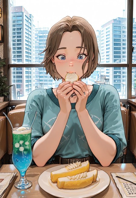 masterpiece,RobynSpade, Short hair, Brown hair, freckles, blue eyes, masterpiece, best quality, amazing quality, 1girl, solo, kissaten, japanese cafe, sitting, 1girl, food, plate, solo, japanese cafe, table, cup, indoors, window, chair, sitting, cafe, eating, glass, upper body, creamsoda, tamagosand, sandwiche, (masterpiece:1.3), best quality, high resolution, unity 8k wallpaper, (illustration:1.2), 8K,