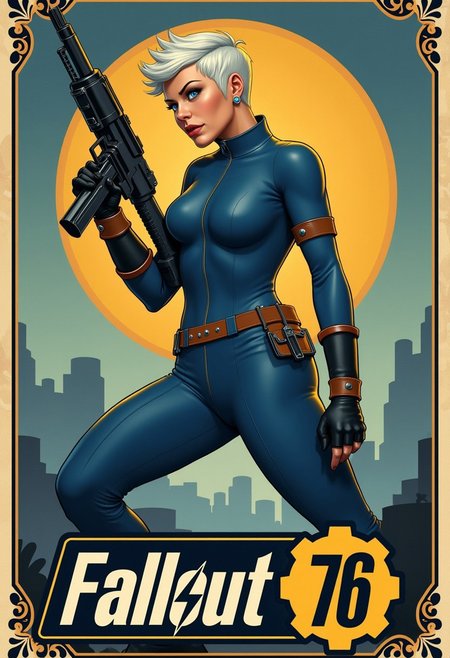 Imagine an Action Hero movie poster for a science fiction movie with art deco framing. Written across across the lower third of the poster in bold, block font are the words "Fallout 76".  The Hero woman with blue eyes an white hair hime cut holding an submachine gun steampunk, wearing a one-piece blue fallout 76 suit, in an action pose hero landing. xia, ArsMJStyle, Rococo Steampunk, detailmaximizer, vintage speedpaint, ossttn,