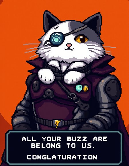 A cyborg-like cat with fluffy and white and black fur, a cybernetic implant on his left eye, and a futuristic military uniform is seen on the screen. He is wearing a dark purple cape with black and grey details, and a pin with a yellow thunder symbol. The background is a solid orange color. The text on the screen below the character reads, "ALL YOUR BUZZ ARE BELONG TO US."   The text on the screen above the character reads, "CONGLATURATION". The scene has an 8-bit or 16-bit pixel art style, with a retro sci-fi aesthetic typical of early 1990s video games.