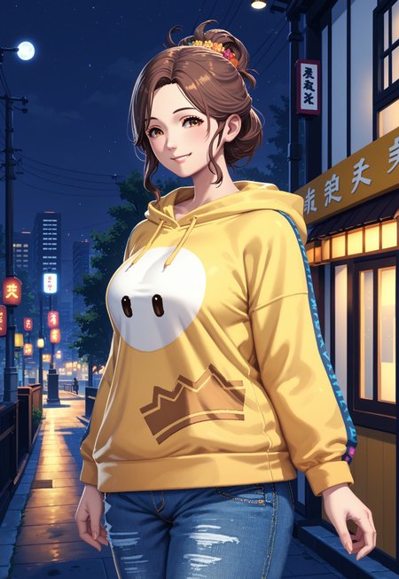 gentlebean_ffxiv,  1girl, solo, hood, hoodie, yellow hoodie, hood down, denim pants, smile, medium length hair, updo, brown hair,  brown eyes, mature, voluptuous, tokyo city, dusk, night sky, BREAK PonyXLV6_Scores