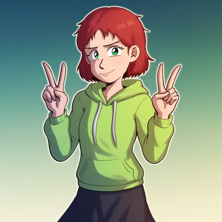 Ugly score_9_up, score_8_up, score_7_up, BREAK, JFMstudios, 1girl, solo, red hair, short hair, green eyes, yellow hoodie, black skirt, cowboy shot, double v,  <lora:JFMstudios_PXL_Leaf1-000010:1>, gradient background,