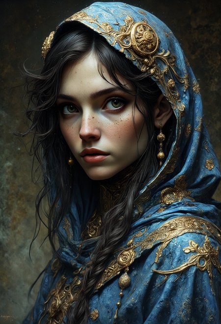 hyperrealistic art A mesmerizing portrait capturing the essence of timeless beauty ----  Blue was her raiment as the unclouded heaven, but her eyes were as the starlit evening; her mantle was sewn with golden flowers, but her hair was as dark as the shadows of twilight. As the light upon the leaves of trees, as the voice of clear waters, as the stars above the mists of the world, such was her glory and her loveliness; and in her face was a shining light
ethereal elf , fantasy
f<lora:Dever_Flux_Enhancer:0.85> <lora:Anime v1.3:1.3>