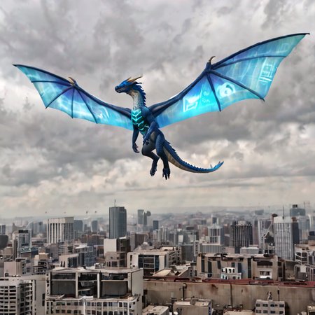 Dragon-like creature with holographic wings soaring above a dystopian wasteland
A fearsome, mythical beast infused with advanced technology, hovering over a ruined city with glowing, futuristic architecture in the background.