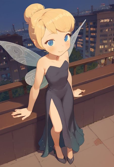 score_9, score_8_up, score_7_up, score_6_up, vivid, vivid colors, colorful, eye catching, rating_explicit, BREAK, cute girl, (adorable girlfriend) (sister), (flat chest), (long legs), (wide hips:0.5), hair bun, blue eyes, blonde hair color gradient, high heels, stilettos, high slit dress, black evening gown, sheer tights, outdoors, Manhattan, Greenwich Village, nighttime, at night, date with your beautiful girlfriend, loving, sweet, (smile:0.5), from above, Tinkerbell, Fairy wings