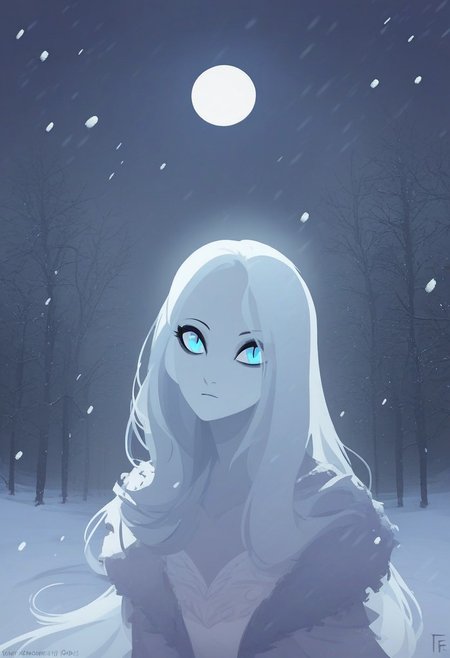 score_9, score_8_up, score_8, 
1girl, solo,
long hair, elegant hair,
cute eyes, eyeliner, striking blue eyes, pale skin
elegant dress, 
snow, outside, visible breath, snowfall,
night, moonlight, moon, dark, darkness,
edgelit, backlit, face in shadow, eye glint,
lineless, vextor art,
