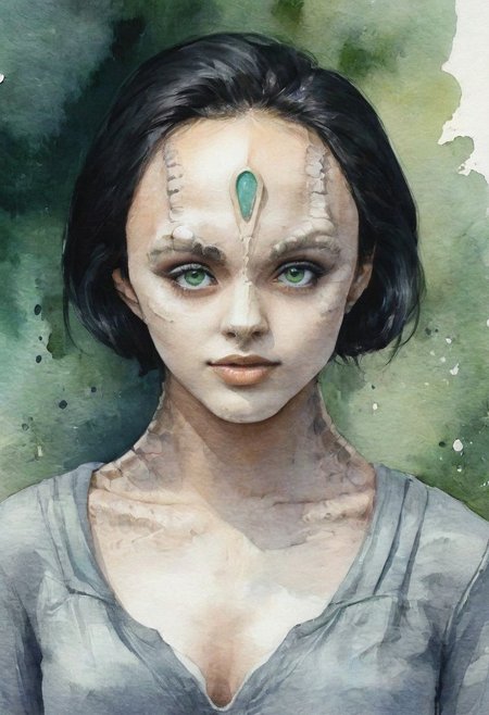 detailed watercolor portrait of (a female c4rd45514n alien, forehead crest, grey skin, ridges, scales), portrait, upper body, close up, cute woman, beautiful, 20 years old, green eyes, (black bold eyeliner, makeup:1.3), soft smile,  shoulder length black hair, cleavage, perfect face, perfect eyes, beautiful eyes, petite body perfect cute face, standing, cleavage, seductive look, close up, dynamic angle