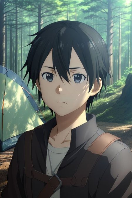 high resolution, solo, best quality, 1Boy, Kazuto Kirigaya, portraits, Black Hair, Black Eyes, forest, camping, OverallDetail