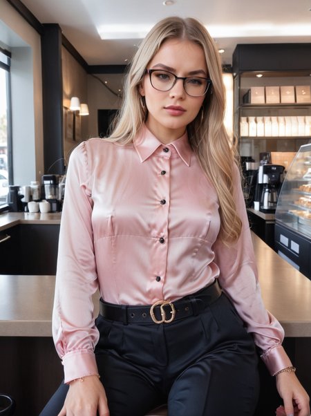 cinematic, volumetric lighting, very detailed, high resolution, sharp, sharp image, Aviva Sofia, wearing a misty rose satin collared shirt, black office trousers with a chain belt, sitting at a coffee store, long blonde hair, brown eyes, makeup, glasses, fine silk fabric emphasis, visible bright shirt buttons, <lora:CollaredShirt_SDXL:0.75>