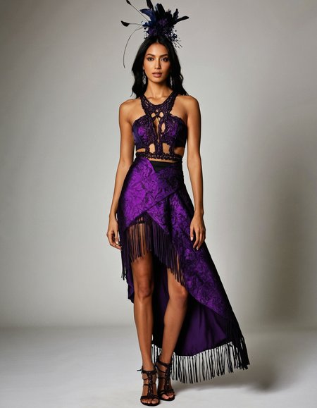 ethereal fantasy concept art of  Imagine a Provocative Counterculture style, a bold fusion of disruptive expression with psychedelic colors and unpredictable patterns. Fabrics are organic, adorned with fringed details that evoke a sense of disregard. The silhouette embraces unstructured lines, offering unrestricted movement and an air of unapologeticness. Accessories are artisanal, creating a tactile statement of independence. The color palette is a clash of deep purples, woven into disorienting designs, creating an aura of intense freedom. The flourished patterns and daring colors are balanced by a monochromatic background, creating a sense of dynamic movement and contrast. The delicate fabrics and unstructured silhouettes evoke a sense of nonconformity, while the artisanal accessories and disorienting colors create a sense of provocation. This style is reminiscent of a Gothic Revival aesthetic, with its delicate details and grandiose silhouettes, yet it's also infused with a Victorian Futurism sense of mechanical whimsy. The overall vibe is Minimalist, with a focus on clean lines and a contrast between form and function, yet it's also Rococo in its luxurious excess and theatrical flair., inspired by the intricate works of alluring artistry. A masterpiece by ((Franz Richard Unterberger)) . magnificent, celestial, ethereal, painterly, epic, majestic, magical, fantasy art, cover art, dreamy