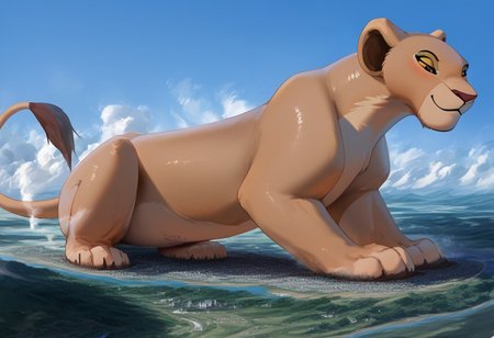 Safe_pos, score_9, score_8_up, score_7_up, detailed face, best quality, 1girl, solo, masterpiece, detailed background, beautiful, detailed eyes, mature female, giantess, macro
side view, lien,
1girl, solo, furry art, feral, Nala, Lioness , Solo, Lion King, Disney, furry, On fours, tail, full body view,
pin up pose, sitting on ground, light smile, narrowed eyes, blush
long river, skyline, cityscape, destroyed cityscape,  earthquake, steam, fog, craters