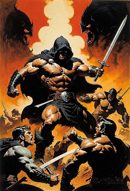 highly detailed ink drawing in the style of Frank Frazetta. 2 men fighting a formidable muscular figure shrouded in a dark hood, choking a soldier, in a rowdy tavern.