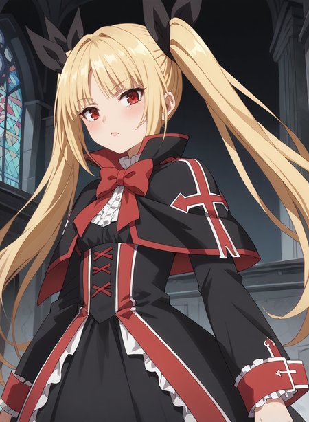 score_9, score_8_up, score_7_up, score_6_up, score_5_up, score_4_up, source_anime, anime screencap, masterpiece, insanely detailed, detailed background, zPDXL3, BREAK, RachelAlucardBB,1girl,solo,long hair,blonde hair,red eyes,red bow,ribbon,twintails,black hair ribbon,small breasts,frills,red bow,ghotic fashion,black capelet ,red cross pattern,black dress