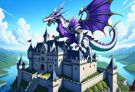 a dragon dorugoramon hovering over a castle,2d,digital art,detailed,intricate detail,full color,80s style