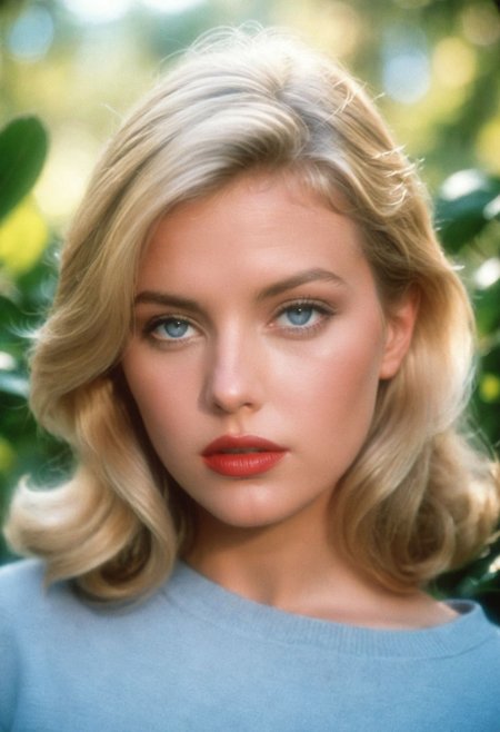 ((CinematicPortrait analog photo)) blonde woman outdoors, blue eyes, (glossy  lipstick), (vegetation), ((soft focus, depth of field, film grain, looking at viewer)) <lora:CinematicPortraitXL_v3:0.65>