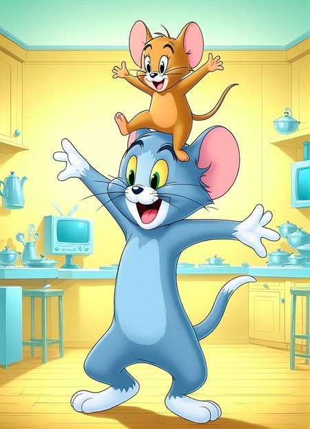 Jerry Dancing on Tom's head,   <lora:Tom&Jerry_V01_multi:0.8> Tom&jerry,  cartoon, cute Tom the grey cat, cute Jerry the brown mouse,