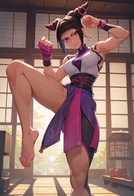 score_9, score_8_up, score_7_up, score_6_up, Masterpiece, beautiful, perfect eyes, perfect face, sexy, Juri Han (Street Fighter 6, medium breasts, toned, dobok, looking at viewer, determined), standing, one leg up, leg extended, bare feet, toes, foot focus,dojo, beautiful cinematic lighting, volumetric lighting, dramatic lighting <lora:add-detail-xl:1.1> <lora:Smooth Anime Style LoRA XL:0.75> <lora:Concept Art Eclipse Style LoRA_Pony XL v6:0.25> <lora:princess_xl_v2:1>