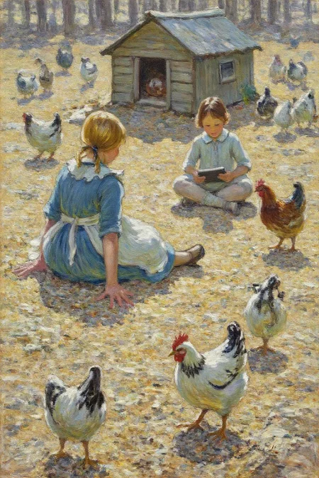 dorotheasharp1 painting. 
helenmcnicoll2. A sunny farmyard filled with chickens roaming on straw-covered ground. In the foreground, two children are the central focus, sitting on the ground beside a chicken coop. The girl on the left, with her back to the viewer, has blonde hair and wears a blue dress with a white apron. The girl in the center sits cross-legged, reading a tablet she holds on her lap.  <lora:dorotheasharp1_f16:1.0><lora:867753650859020160:0>