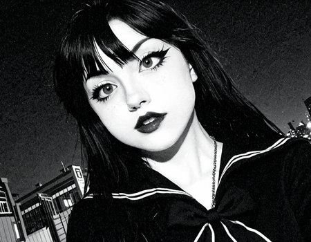 monochromatic, 1 bit color, scanlines, dithering, Junji Ito, hentai dating simulator, a beautiful hannahowoxl <lora:HannahXL:0.8>, goth, detailed facial features, schoolgirl outfit, black, night, shot by Tim Burton, well crafted wide shot, low angle tracking shot, heroic, crash zoom super cut