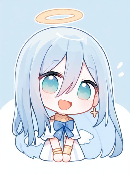 chibi,smile,happy,1girl,angel,bangs,blue bow,dingdong,hair between eyes,jewelry,looking at viewer,open mouth,smile,solo,blue hair,,,long hair,<lora:RR:1>,<lora:dingdong:1.2>, masterpiece, best quality, very aesthetic, absurdres