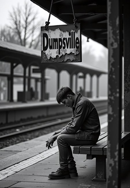 A young man sits on a weathered bench at a nearly deserted train station, his face buried in his hands, shoulders slumped in defeat.Above him, an old, faded sign dangles loosely, swinging slightly in the breeze. The word "Dumpsville" is painted in bold letters, its paint chipped and peeling, mirroring the state of his heart. The station is eerily quiet. No one else is around, and the platform feels like the last stop on an endless journey. moody. contrast, film grain, analog texture, 