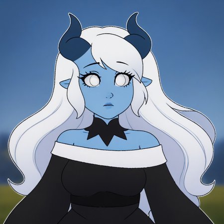 Tiefling, pointed ears, horns, colored sclera, 1girl, blue skin, white hair, white eyes, white shirt, fantasy background, blurred background, very long wavy hair, female, curvy body, female body, bustshot, portrait of a bustshot, black off the shoulder dress, sleeved dress, dress with sleeves, off the shoulder dress with sleeves, off the shoulder black dress with sleeves, Off Shoulder High Split Dress. Art by Phallusbro.
