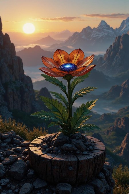<lora:ADD_CARS_60s_to_90s.safetensors:1>
In a mystical realm where the boundaries between the natural and the supernatural blur, a stained glass flower stands as a centerpiece on a weathered wooden base. The platform, resting atop a rugged, rocky outcrop, is a testament to the earth's ancient and enduring beauty. The flower itself is a spectacle of vibrant hues and intricate design, its petals a riot of warm oranges and yellows, set against a luxurious core of deep blues and purples. Each petal, meticulously crafted with a polished 3D aesthetic, seems to shimmer with a life of its own, as if infused with the ethereal light of distant stars.
Glowing accents and subtle visual sparks dance from the flower’s center, casting an otherworldly glow that contrasts with the cool, dark shadows of the surrounding environment. The leaves, a lush emerald green, are textured with veins that seem to pulse with a hidden energy, adding to the sense of living artistry. The wooden base, adorned with intricate, ornamental carvings, further enhances the regal and mystical atmosphere.
The scene is bathed in the soft, ambient light of early morning, with the sun casting a warm, golden hue that blends seamlessly with the cool, blue tones of the sky. Blurred mountains rise in the background, their peaks touching the horizon, creating a serene and peaceful backdrop. The air is filled with a sense of profound, untold stories, as if the flower itself is a portal to a world beyond the visible.
This digital painting, a fusion of fine artistry and mystical realism, captures the natural beauty and artistic impression of the scene, inviting viewers to lose themselves in its enchanting and vibrant world.